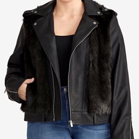 RACHEL Rachel Roy Milana Black Leather/Faux Fur Moto Jacket Sz 2X - Picture 1 of 11